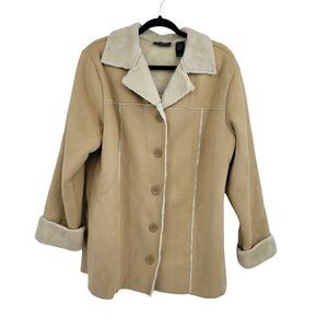 Crazy Horse Boho Retro‎ 70's Ultra Suede Faux Fur Trim Button Down Coat Sz Lg